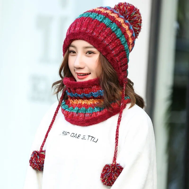 2024 Winter Women's Hat with Balaclava Mask and Scarf Set - Thick Warm Fleece Knitted Hat for Girls - 3pcs Winter Hats - Orchid Unique
