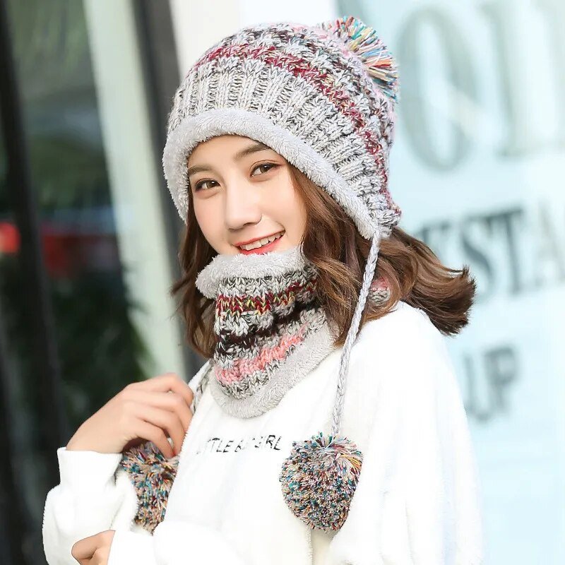 2024 Winter Women's Hat with Balaclava Mask and Scarf Set - Thick Warm Fleece Knitted Hat for Girls - 3pcs Winter Hats - Orchid Unique