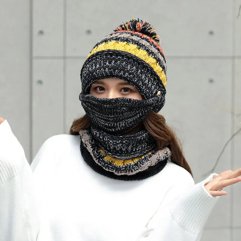 2024 Winter Women's Hat with Balaclava Mask and Scarf Set - Thick Warm Fleece Knitted Hat for Girls - 3pcs Winter Hats - Orchid Unique