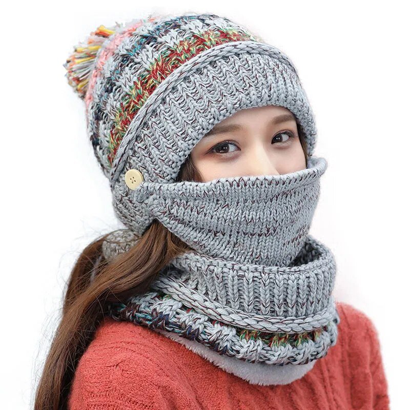 2024 Winter Women's Hat with Balaclava Mask and Scarf Set - Thick Warm Fleece Knitted Hat for Girls - 3pcs Winter Hats - Orchid Unique