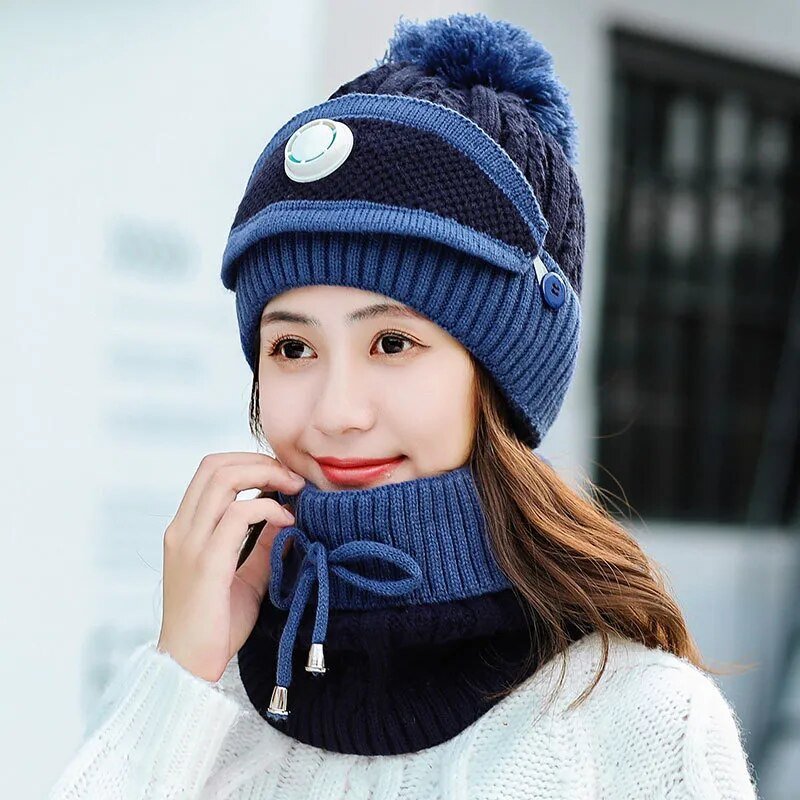 2024 Winter Women's Hat with Balaclava Mask and Scarf Set - Thick Warm Fleece Knitted Hat for Girls - 3pcs Winter Hats - Orchid Unique