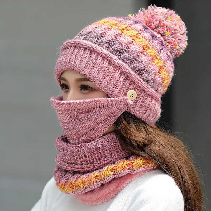 2024 Winter Women's Hat with Balaclava Mask and Scarf Set - Thick Warm Fleece Knitted Hat for Girls - 3pcs Winter Hats - Orchid Unique