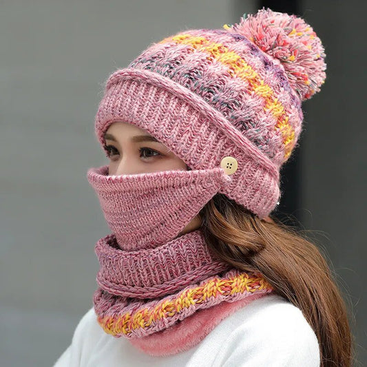2024 Winter Women's Hat with Balaclava Mask and Scarf Set - Thick Warm Fleece Knitted Hat for Girls - 3pcs Winter Hats - Orchid Unique
