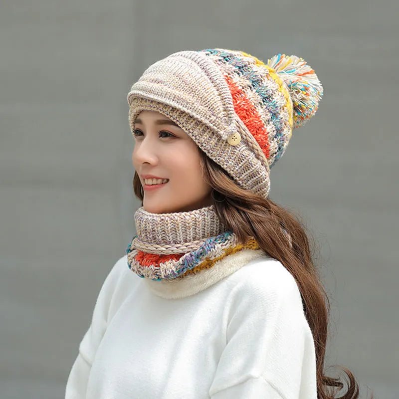 2024 Winter Women's Hat with Balaclava Mask and Scarf Set - Thick Warm Fleece Knitted Hat for Girls - 3pcs Winter Hats - Orchid Unique