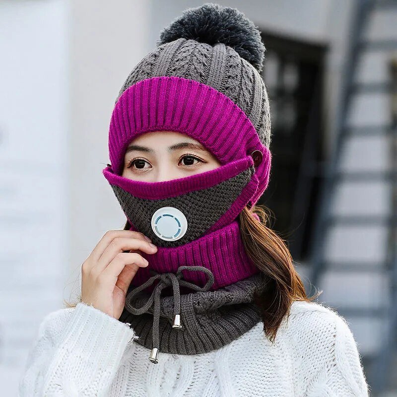 2024 Winter Women's Hat with Balaclava Mask and Scarf Set - Thick Warm Fleece Knitted Hat for Girls - 3pcs Winter Hats - Orchid Unique