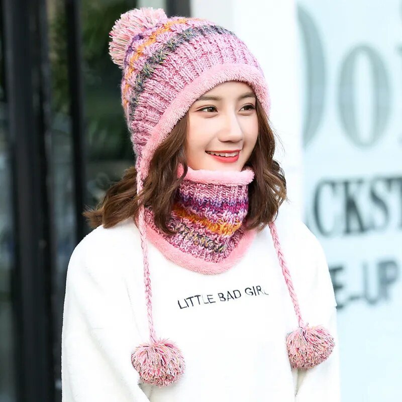 2024 Winter Women's Hat with Balaclava Mask and Scarf Set - Thick Warm Fleece Knitted Hat for Girls - 3pcs Winter Hats - Orchid Unique