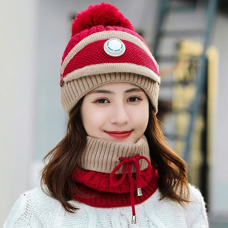 2024 Winter Women's Hat with Balaclava Mask and Scarf Set - Thick Warm Fleece Knitted Hat for Girls - 3pcs Winter Hats - Orchid Unique