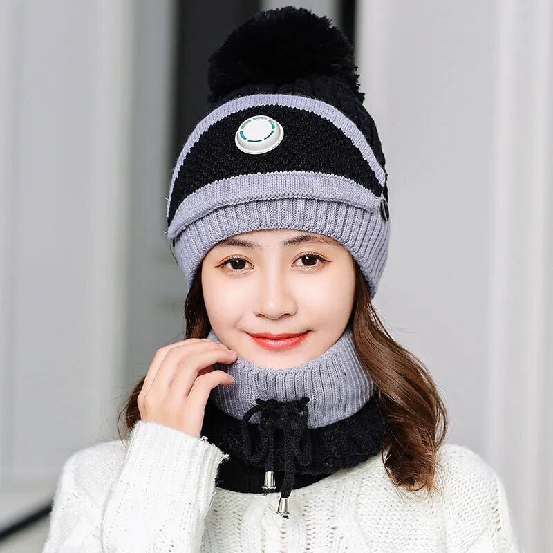 2024 Winter Women's Hat with Balaclava Mask and Scarf Set - Thick Warm Fleece Knitted Hat for Girls - 3pcs Winter Hats - Orchid Unique