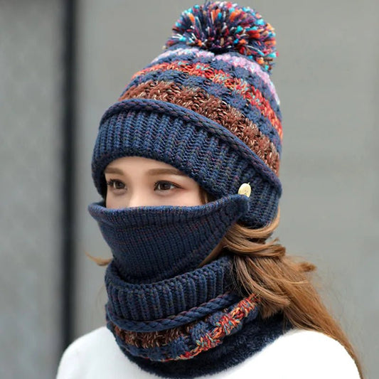 2024 Winter Women's Hat with Balaclava Mask and Scarf Set - Thick Warm Fleece Knitted Hat for Girls - 3pcs Winter Hats - Orchid Unique