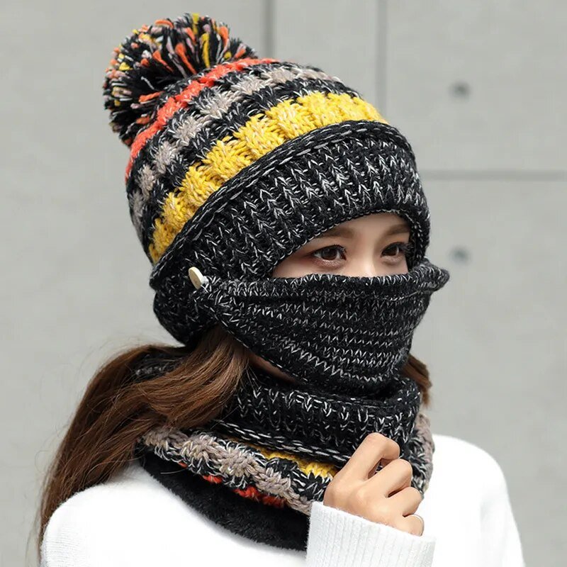 2024 Winter Women's Hat with Balaclava Mask and Scarf Set - Thick Warm Fleece Knitted Hat for Girls - 3pcs Winter Hats - Orchid Unique