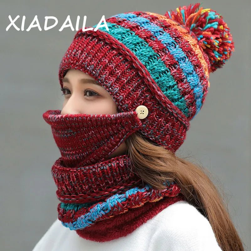 2024 Winter Women's Hat with Balaclava Mask and Scarf Set - Thick Warm Fleece Knitted Hat for Girls - 3pcs Winter Hats - Orchid Unique