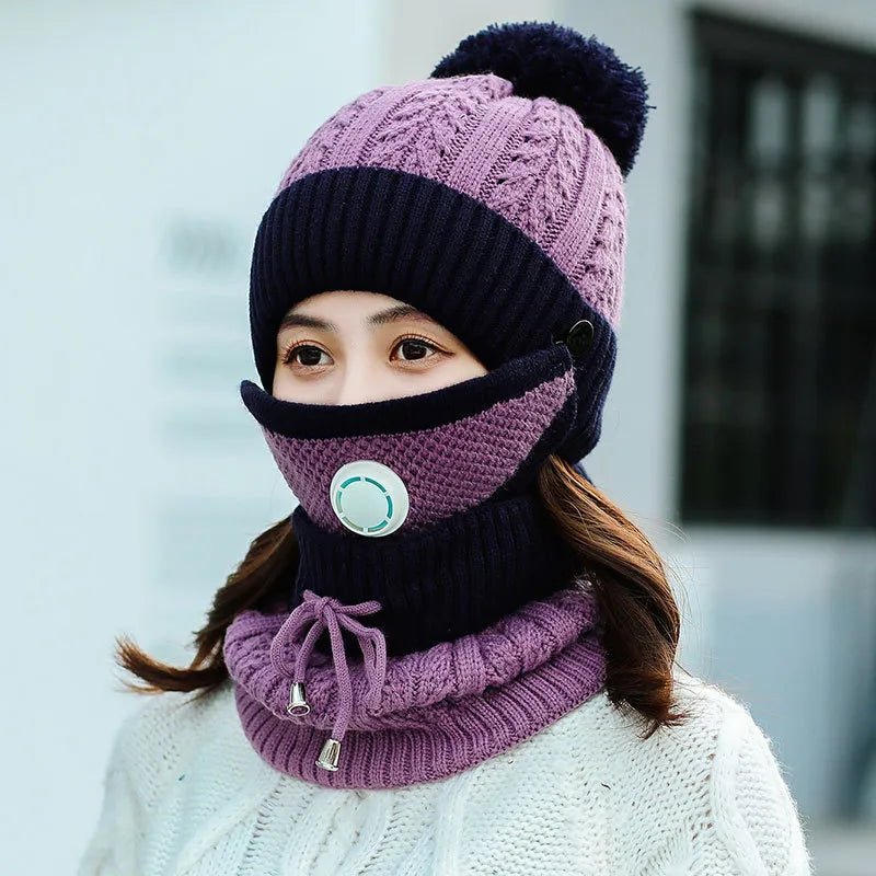 2024 Winter Women's Hat with Balaclava Mask and Scarf Set - Thick Warm Fleece Knitted Hat for Girls - 3pcs Winter Hats - Orchid Unique