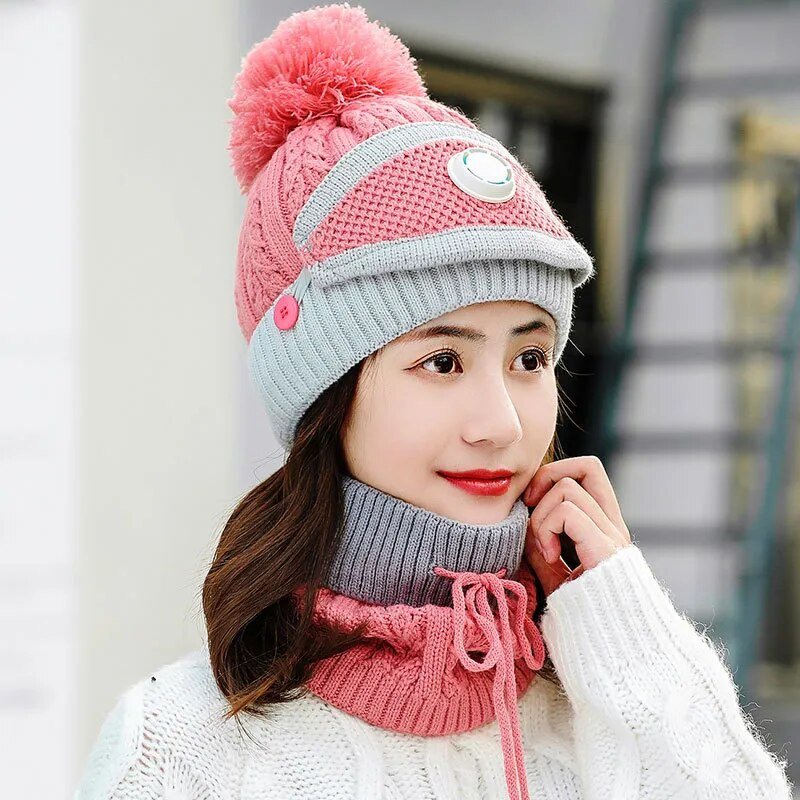 2024 Winter Women's Hat with Balaclava Mask and Scarf Set - Thick Warm Fleece Knitted Hat for Girls - 3pcs Winter Hats - Orchid Unique