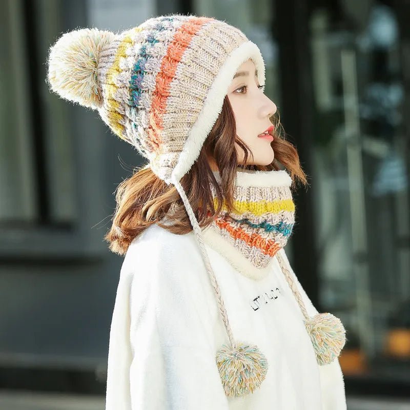 2024 Winter Women's Hat with Balaclava Mask and Scarf Set - Thick Warm Fleece Knitted Hat for Girls - 3pcs Winter Hats - Orchid Unique