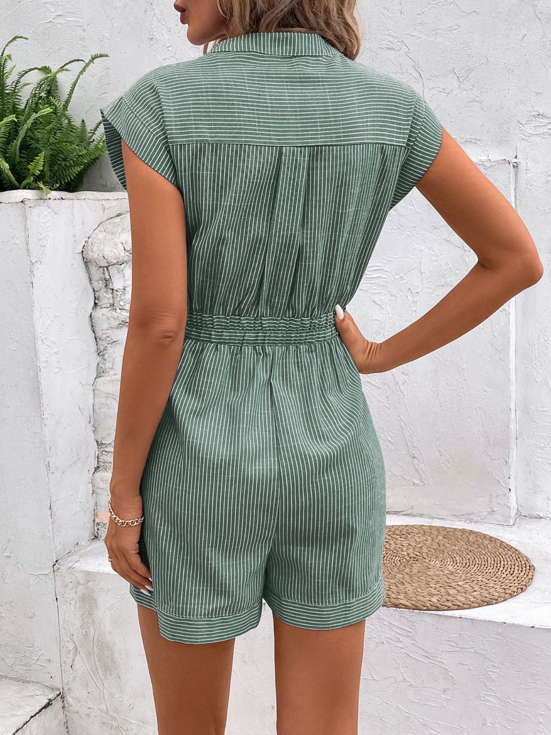 Casual Striped Romper with Notched Tie Wais