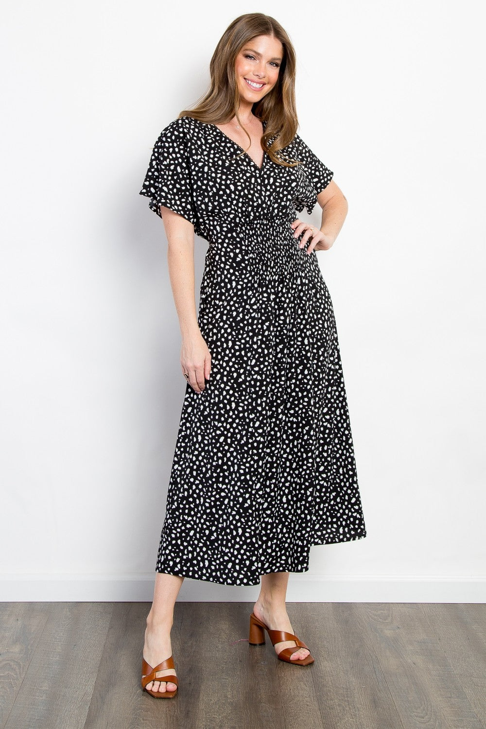 Be Stage Full Size Printed Black-White Waist Dress