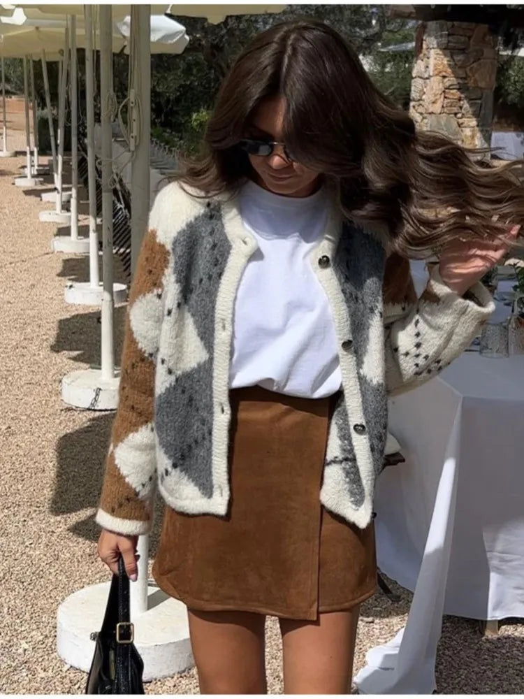 Autumn Plaid Printed Knitted Cardigan