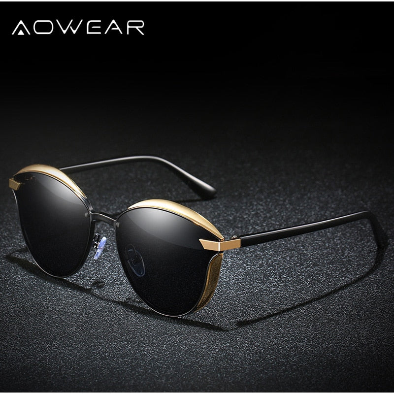 woman wearing stylish Cat Eye Sunglasses with polarized UV400 lenses, enhancing her look and protecting her eyes from harmful sun rays.