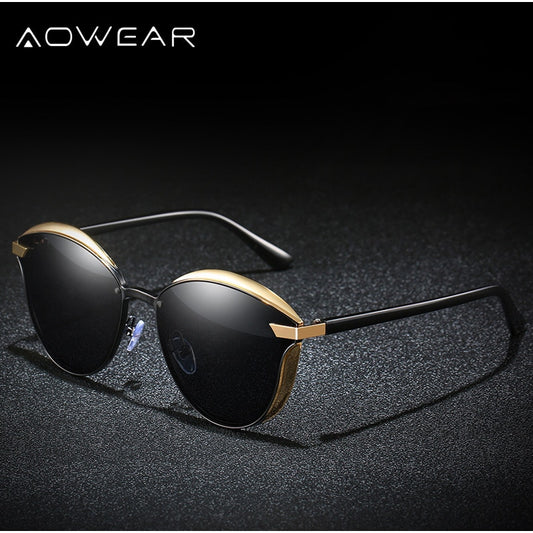 woman wearing stylish Cat Eye Sunglasses with polarized UV400 lenses, enhancing her look and protecting her eyes from harmful sun rays.