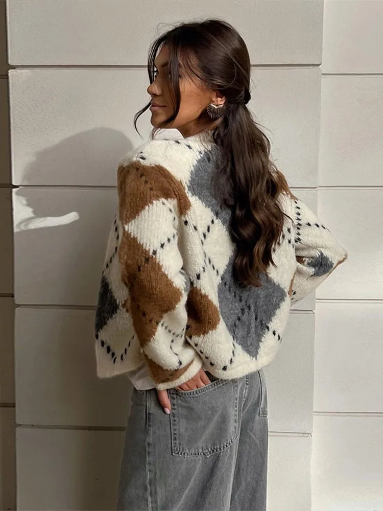 Autumn Plaid Printed Knitted Cardigan