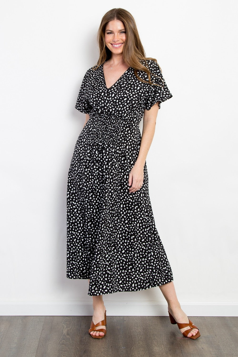 Be Stage Full Size Printed Black-White Waist Dress