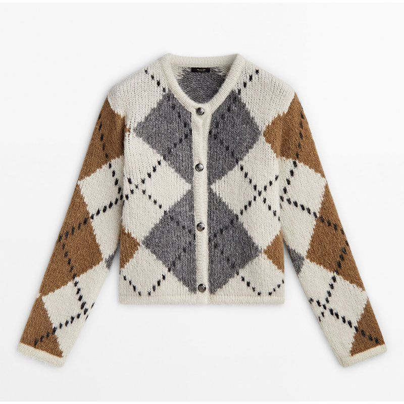 Autumn Plaid Printed Knitted Cardigan