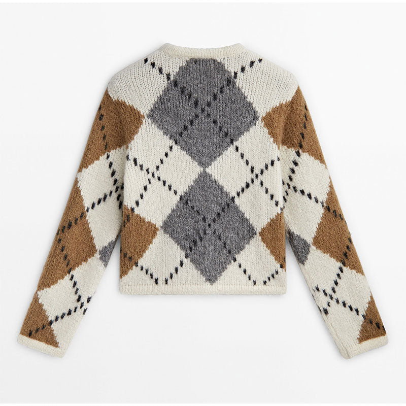 Autumn Plaid Printed Knitted Cardigan