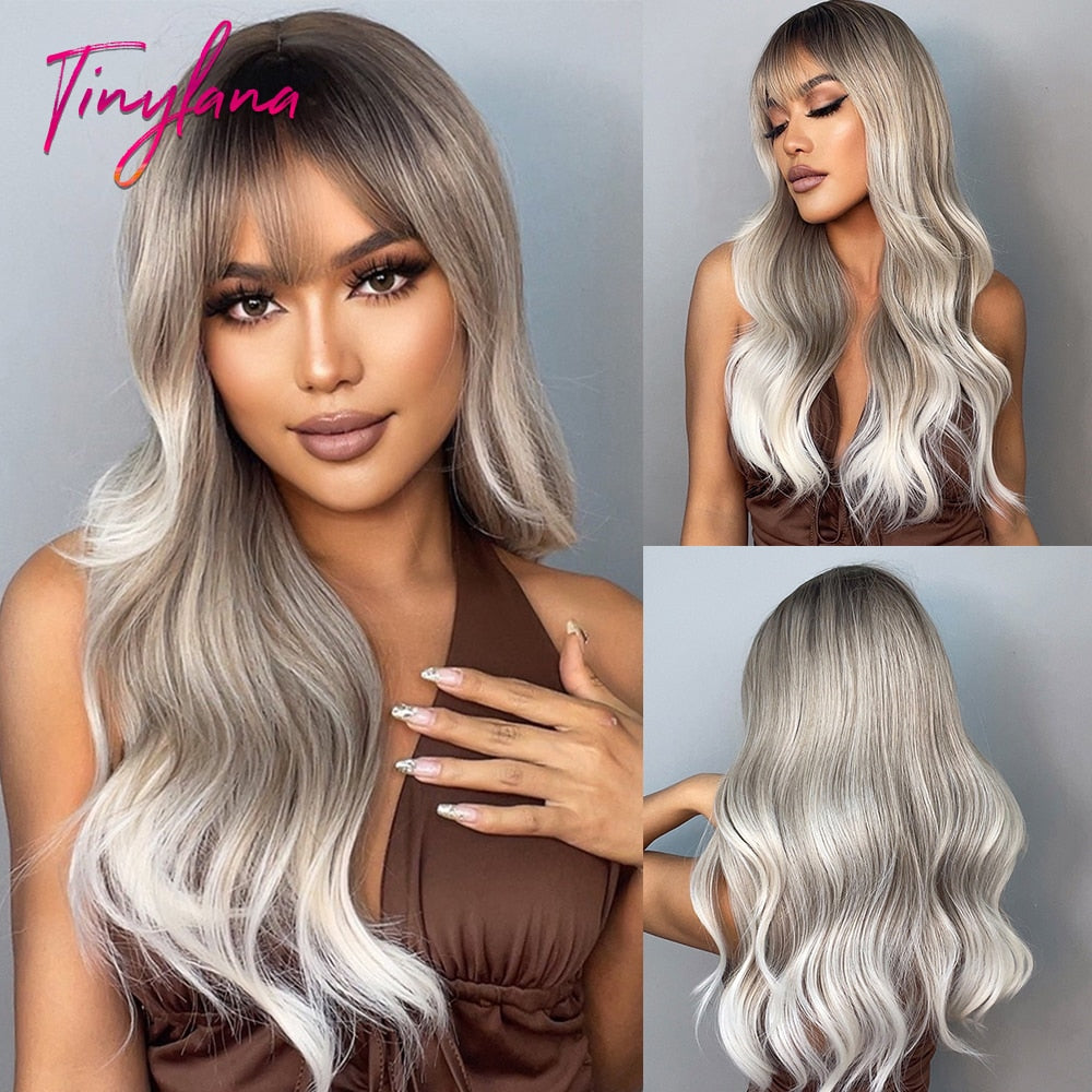 TINY LANA Natural Black Long Wavy Synthetic Wig with Bangs for Women Body Wave Dark Brown Wigs Cosplay Daily Hair Heat Resistant - Orchid Unique