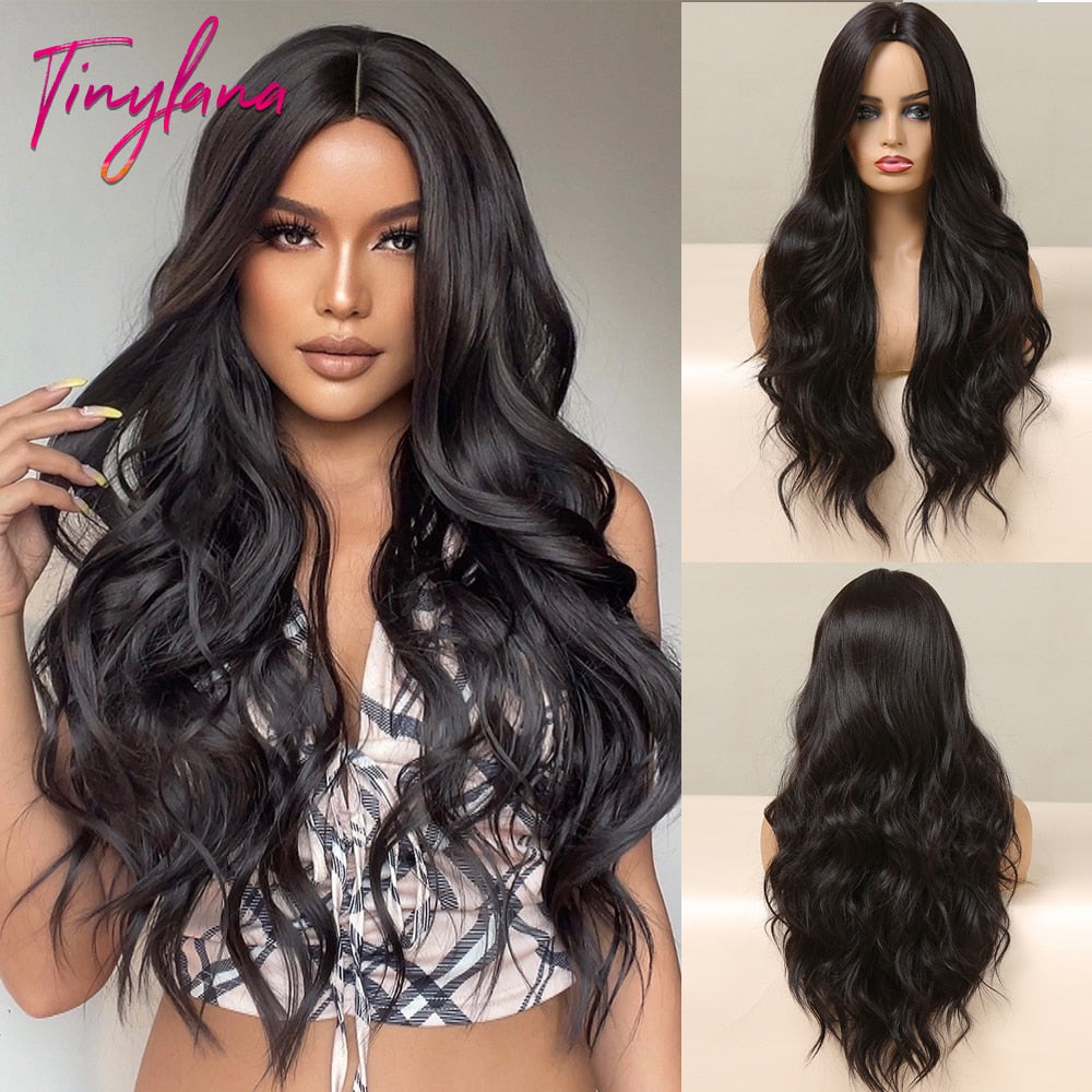 TINY LANA Natural Black Long Wavy Synthetic Wig with Bangs for Women Body Wave Dark Brown Wigs Cosplay Daily Hair Heat Resistant - Orchid Unique