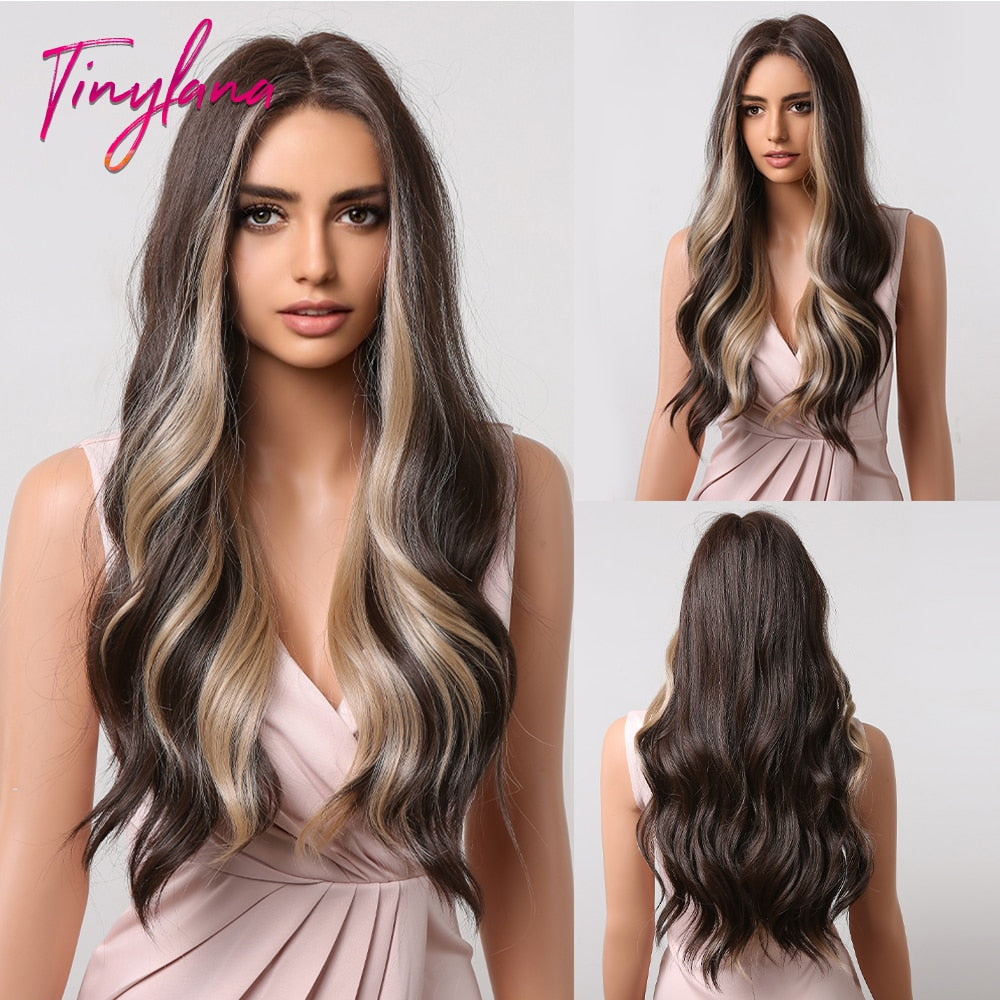 TINY LANA Natural Black Long Wavy Synthetic Wig with Bangs for Women Body Wave Dark Brown Wigs Cosplay Daily Hair Heat Resistant - Orchid Unique