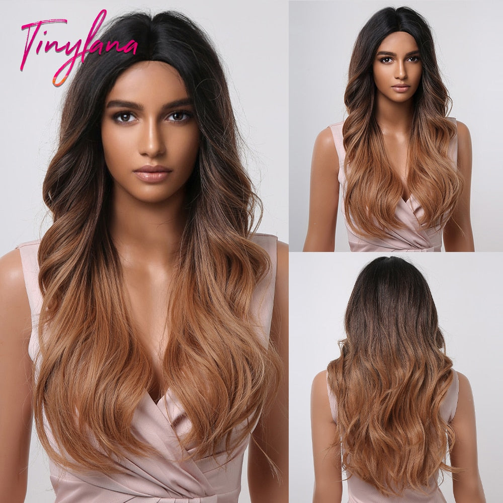 TINY LANA Natural Black Long Wavy Synthetic Wig with Bangs for Women Body Wave Dark Brown Wigs Cosplay Daily Hair Heat Resistant - Orchid Unique