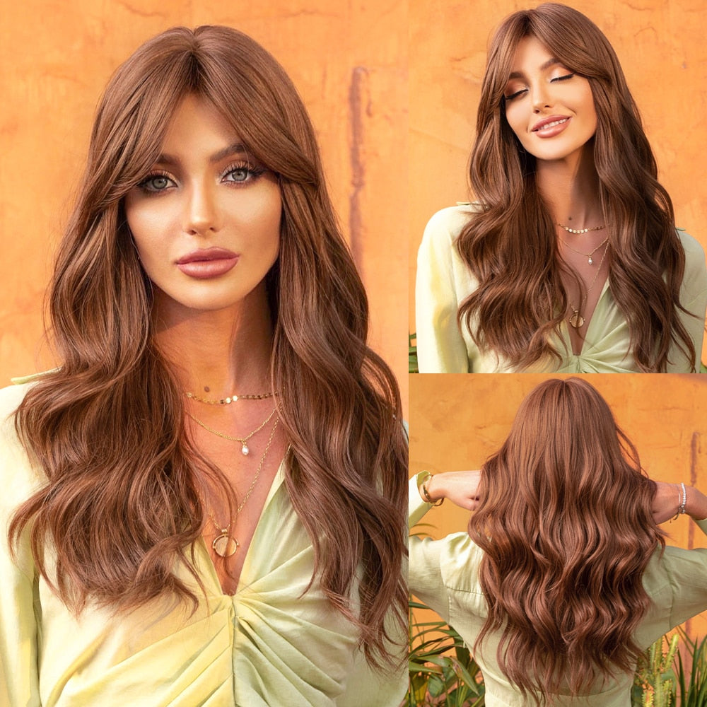 TINY LANA Natural Black Long Wavy Synthetic Wig with Bangs for Women Body Wave Dark Brown Wigs Cosplay Daily Hair Heat Resistant - Orchid Unique