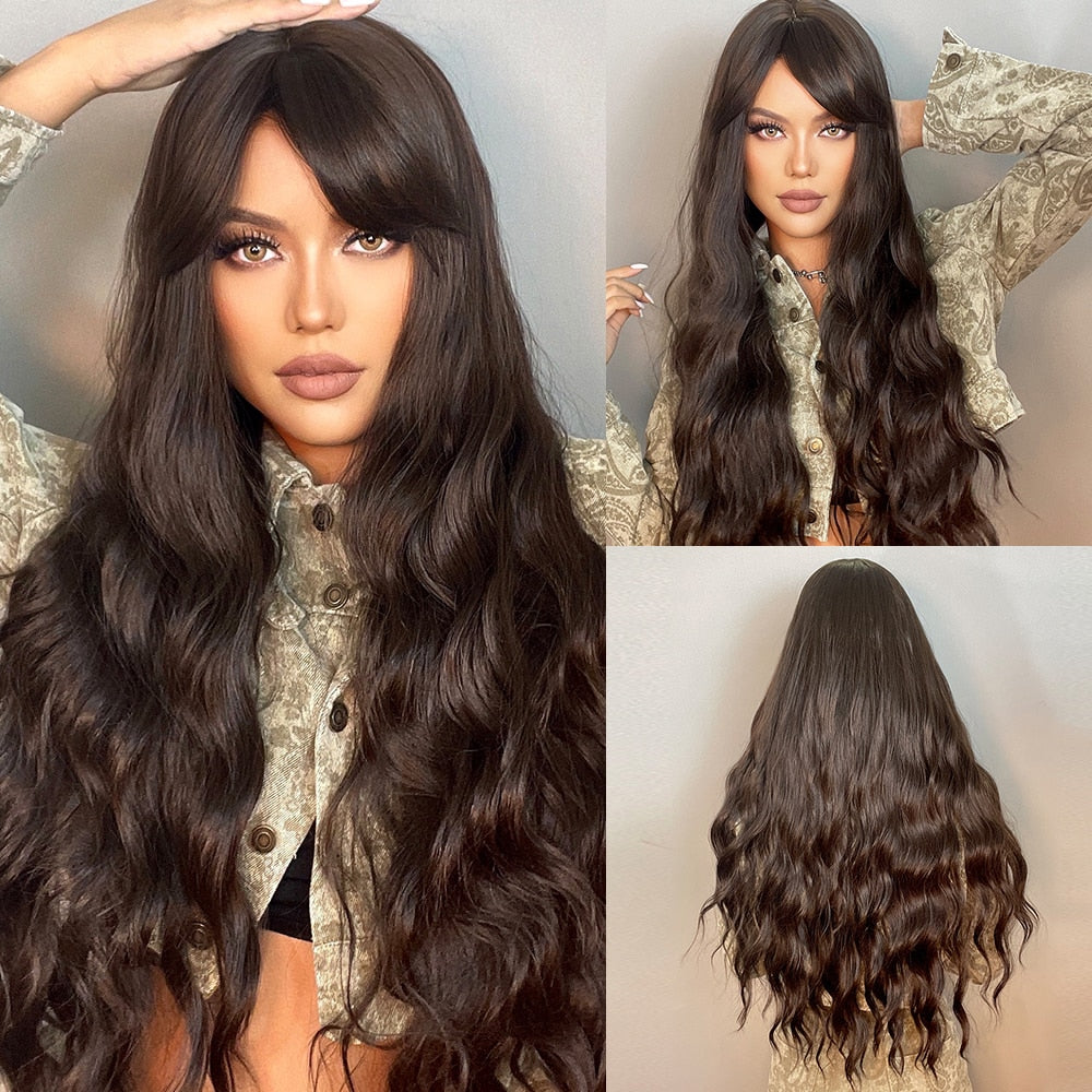 TINY LANA Natural Black Long Wavy Synthetic Wig with Bangs for Women Body Wave Dark Brown Wigs Cosplay Daily Hair Heat Resistant - Orchid Unique