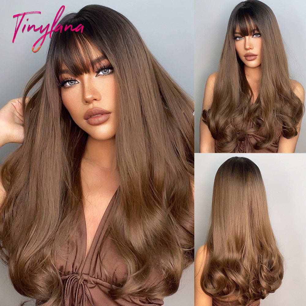 TINY LANA Natural Black Long Wavy Synthetic Wig with Bangs for Women Body Wave Dark Brown Wigs Cosplay Daily Hair Heat Resistant - Orchid Unique