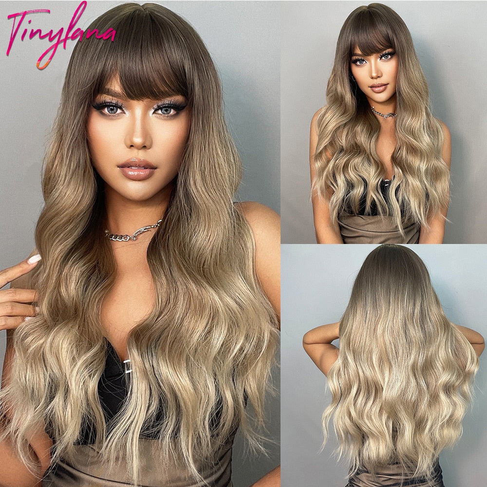TINY LANA Natural Black Long Wavy Synthetic Wig with Bangs for Women Body Wave Dark Brown Wigs Cosplay Daily Hair Heat Resistant - Orchid Unique