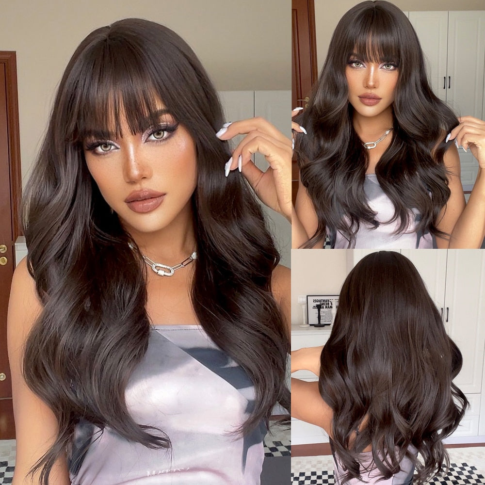 TINY LANA Natural Black Long Wavy Synthetic Wig with Bangs for Women Body Wave Dark Brown Wigs Cosplay Daily Hair Heat Resistant - Orchid Unique