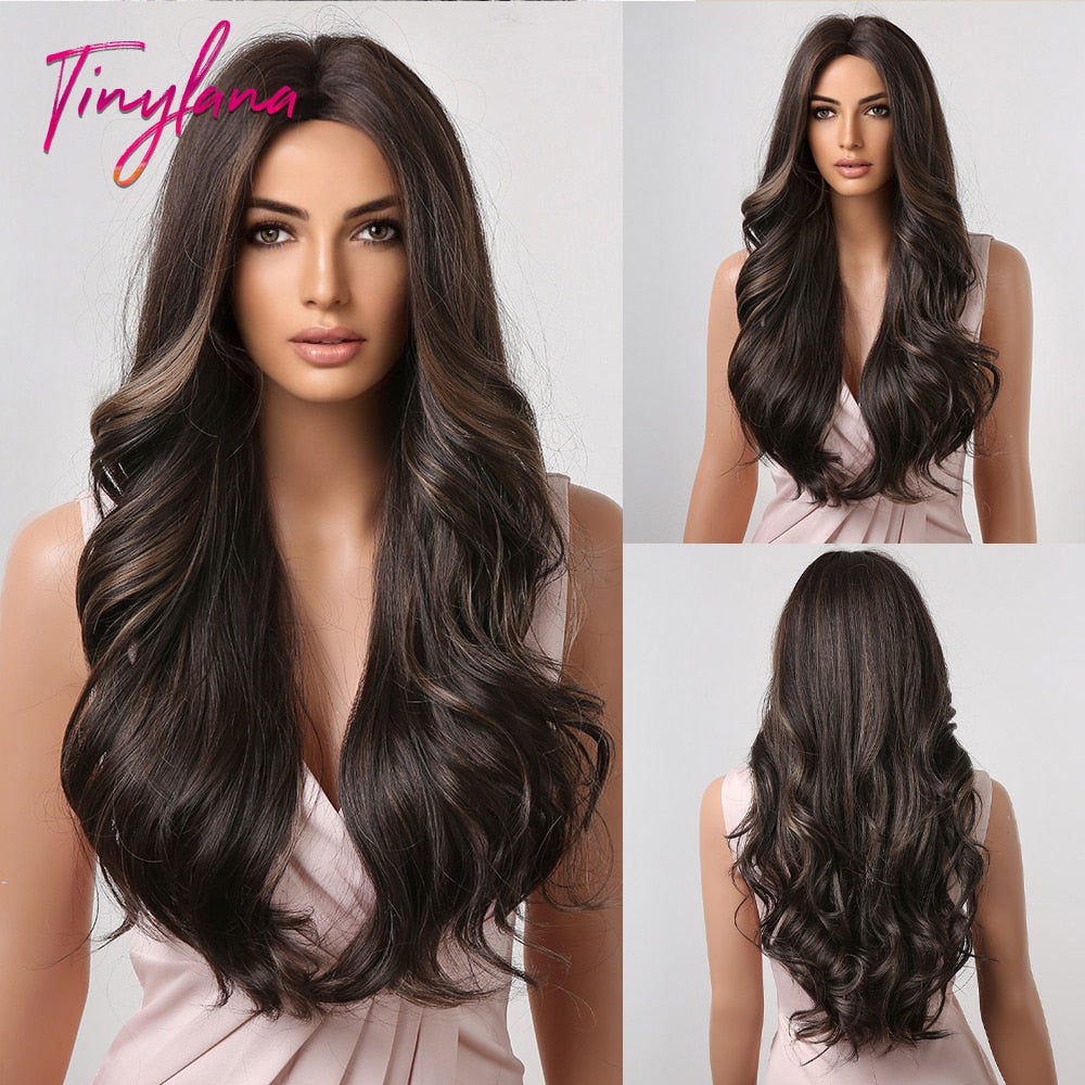 TINY LANA Natural Black Long Wavy Synthetic Wig with Bangs for Women Body Wave Dark Brown Wigs Cosplay Daily Hair Heat Resistant - Orchid Unique