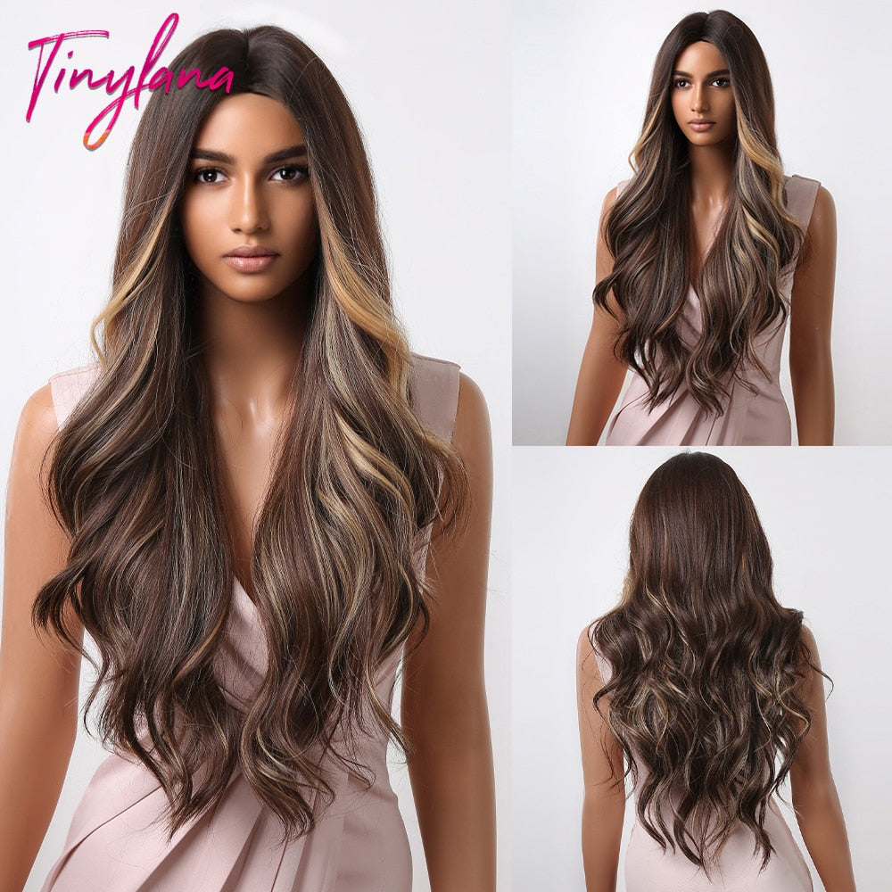 TINY LANA Natural Black Long Wavy Synthetic Wig with Bangs for Women Body Wave Dark Brown Wigs Cosplay Daily Hair Heat Resistant - Orchid Unique