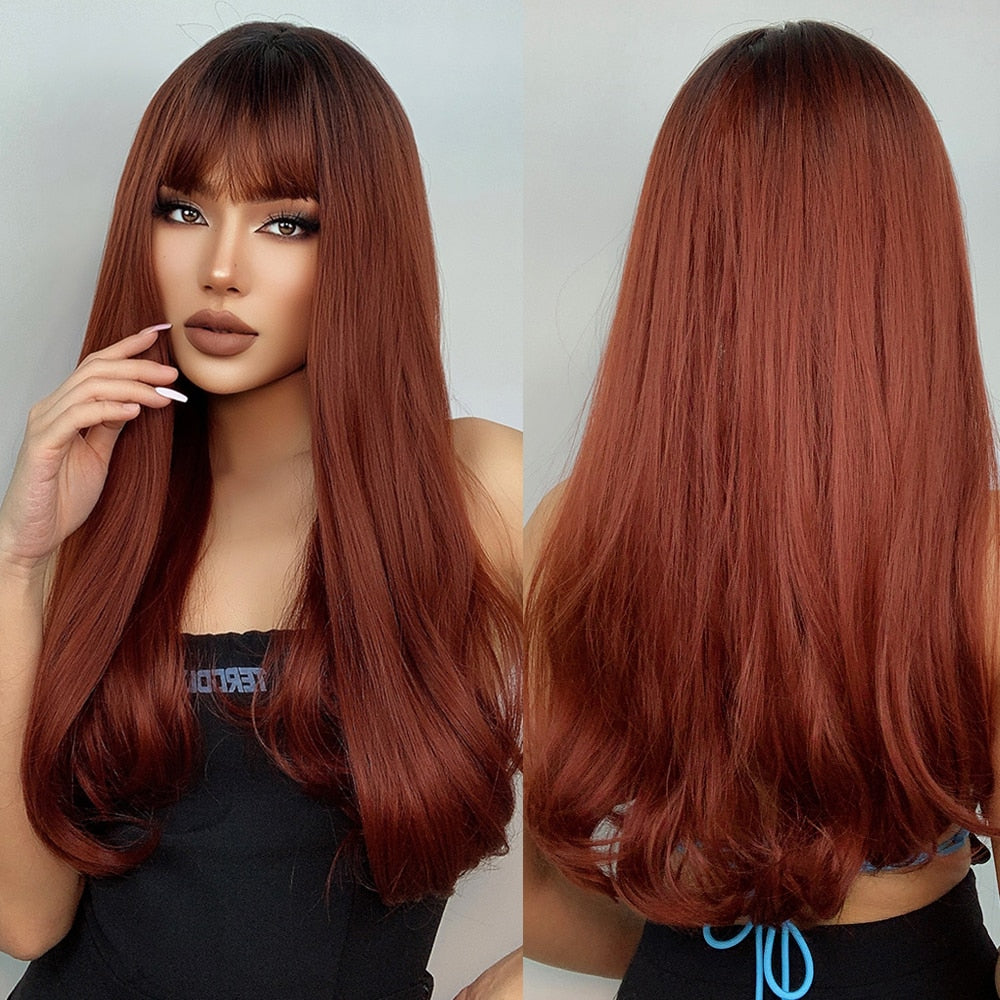 TINY LANA Natural Black Long Wavy Synthetic Wig with Bangs for Women Body Wave Dark Brown Wigs Cosplay Daily Hair Heat Resistant - Orchid Unique