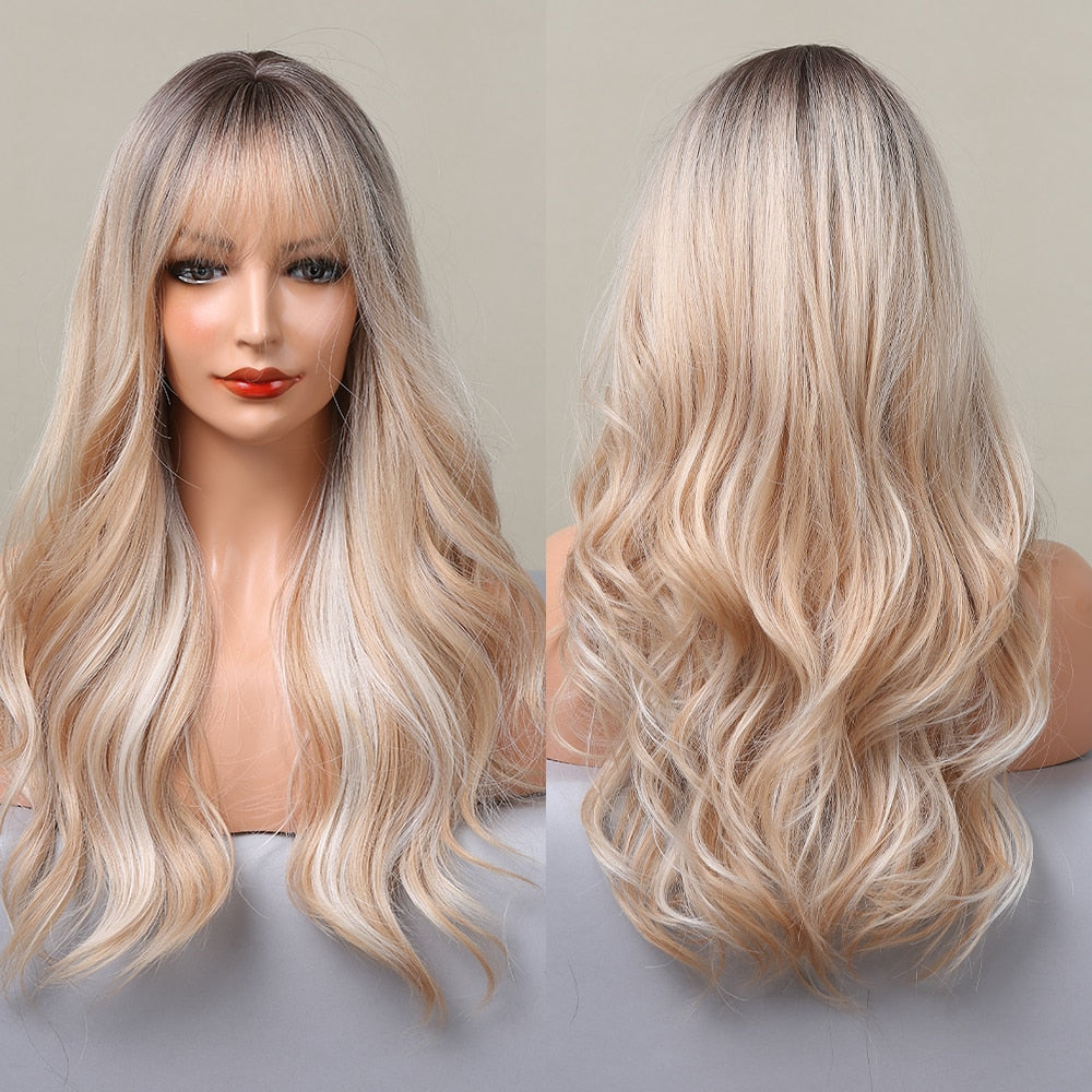 TINY LANA Natural Black Long Wavy Synthetic Wig with Bangs for Women Body Wave Dark Brown Wigs Cosplay Daily Hair Heat Resistant - Orchid Unique