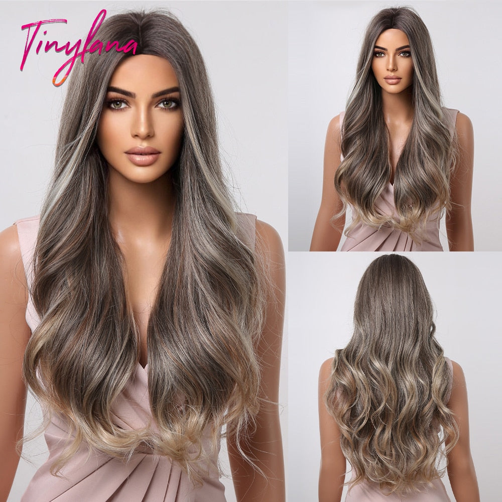 TINY LANA Natural Black Long Wavy Synthetic Wig with Bangs for Women Body Wave Dark Brown Wigs Cosplay Daily Hair Heat Resistant - Orchid Unique