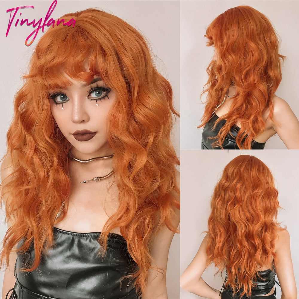 TINY LANA Natural Black Long Wavy Synthetic Wig with Bangs for Women Body Wave Dark Brown Wigs Cosplay Daily Hair Heat Resistant - Orchid Unique
