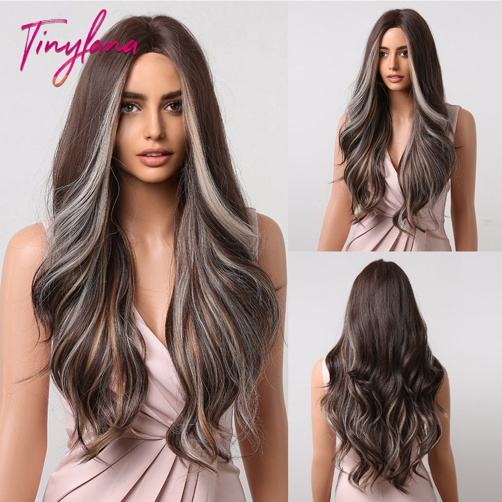TINY LANA Natural Black Long Wavy Synthetic Wig with Bangs for Women Body Wave Dark Brown Wigs Cosplay Daily Hair Heat Resistant - Orchid Unique