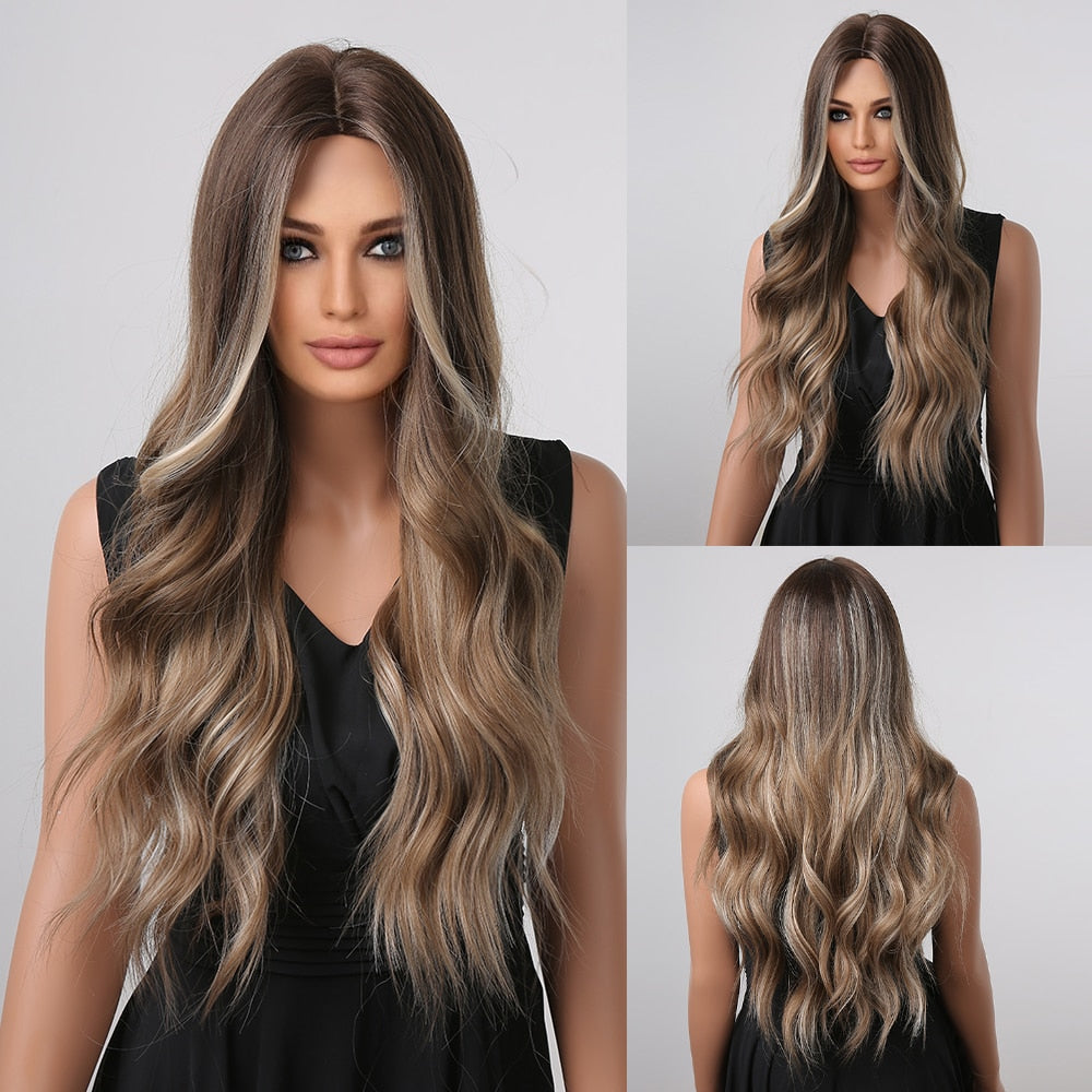 TINY LANA Natural Black Long Wavy Synthetic Wig with Bangs for Women Body Wave Dark Brown Wigs Cosplay Daily Hair Heat Resistant - Orchid Unique