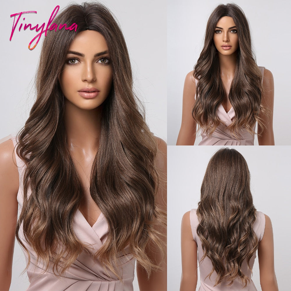 TINY LANA Natural Black Long Wavy Synthetic Wig with Bangs for Women Body Wave Dark Brown Wigs Cosplay Daily Hair Heat Resistant - Orchid Unique