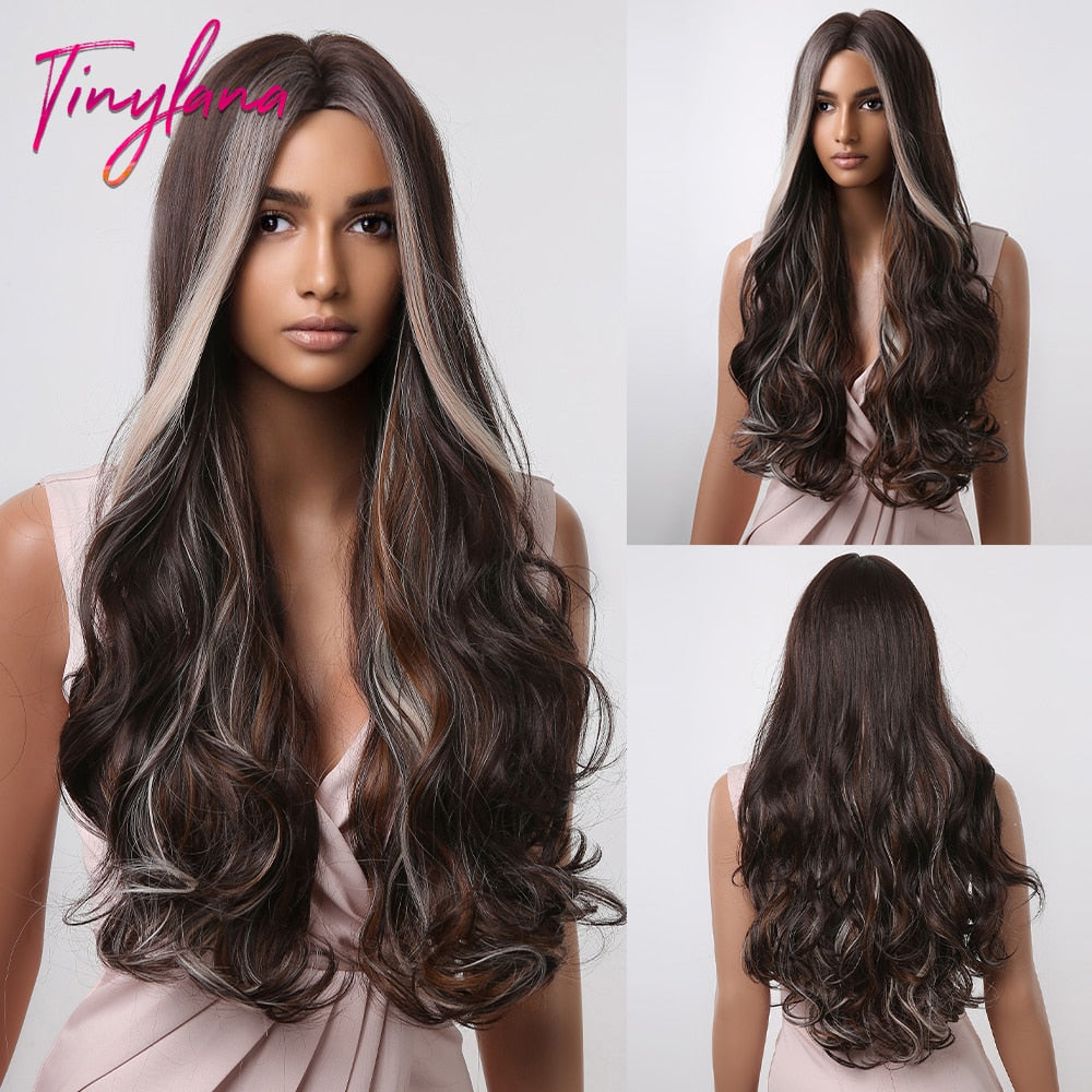 TINY LANA Natural Black Long Wavy Synthetic Wig with Bangs for Women Body Wave Dark Brown Wigs Cosplay Daily Hair Heat Resistant - Orchid Unique