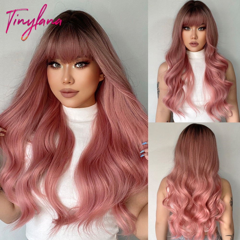 TINY LANA Natural Black Long Wavy Synthetic Wig with Bangs for Women Body Wave Dark Brown Wigs Cosplay Daily Hair Heat Resistant - Orchid Unique