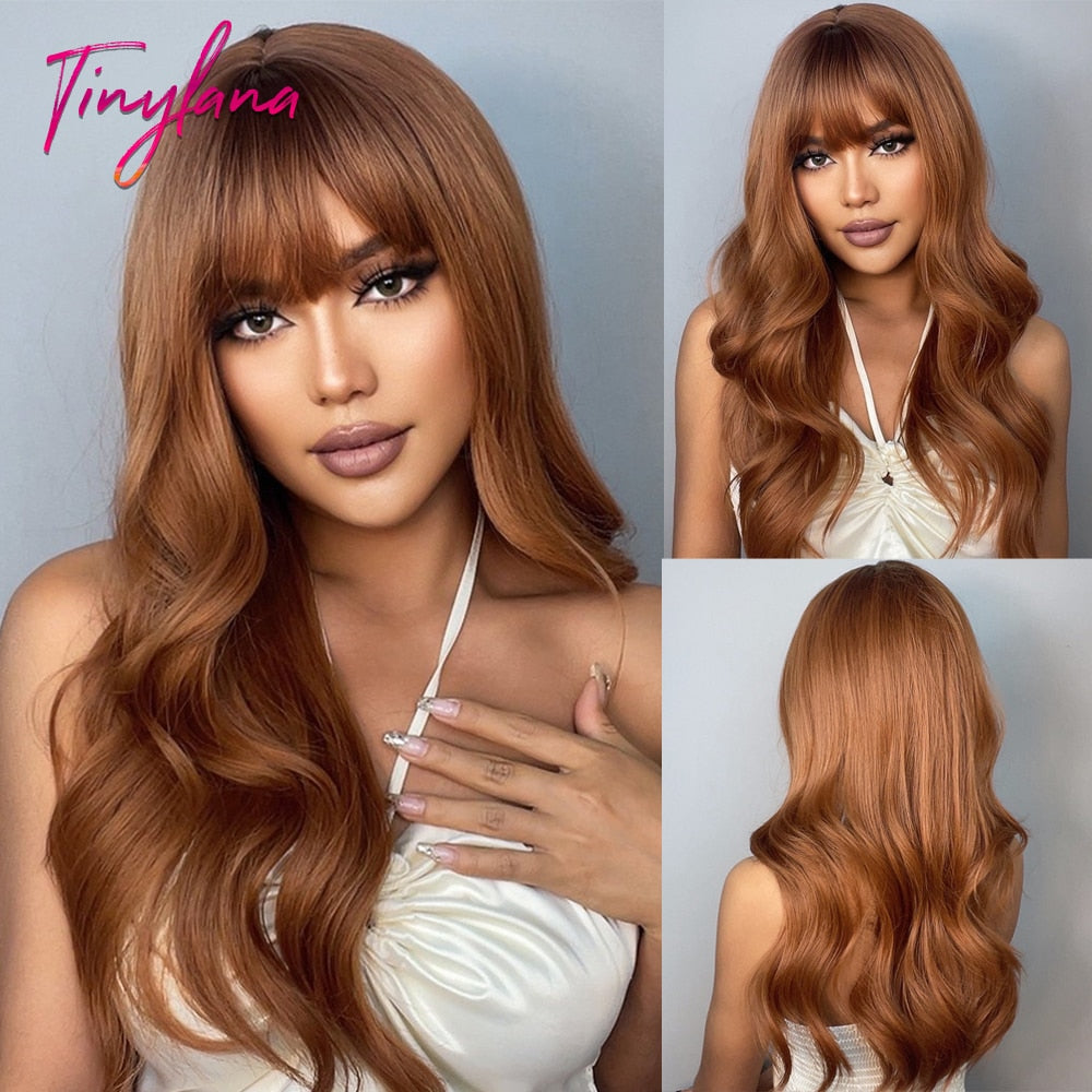 TINY LANA Natural Black Long Wavy Synthetic Wig with Bangs for Women Body Wave Dark Brown Wigs Cosplay Daily Hair Heat Resistant - Orchid Unique