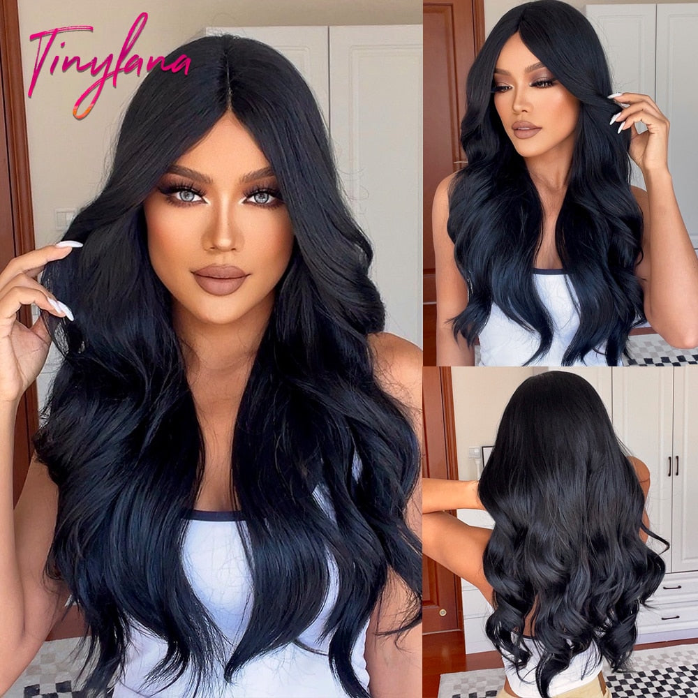 TINY LANA Natural Black Long Wavy Synthetic Wig with Bangs for Women Body Wave Dark Brown Wigs Cosplay Daily Hair Heat Resistant - Orchid Unique