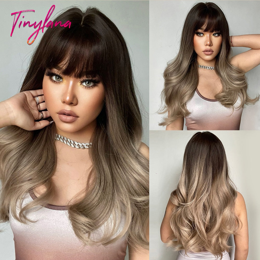 TINY LANA Natural Black Long Wavy Synthetic Wig with Bangs for Women Body Wave Dark Brown Wigs Cosplay Daily Hair Heat Resistant - Orchid Unique